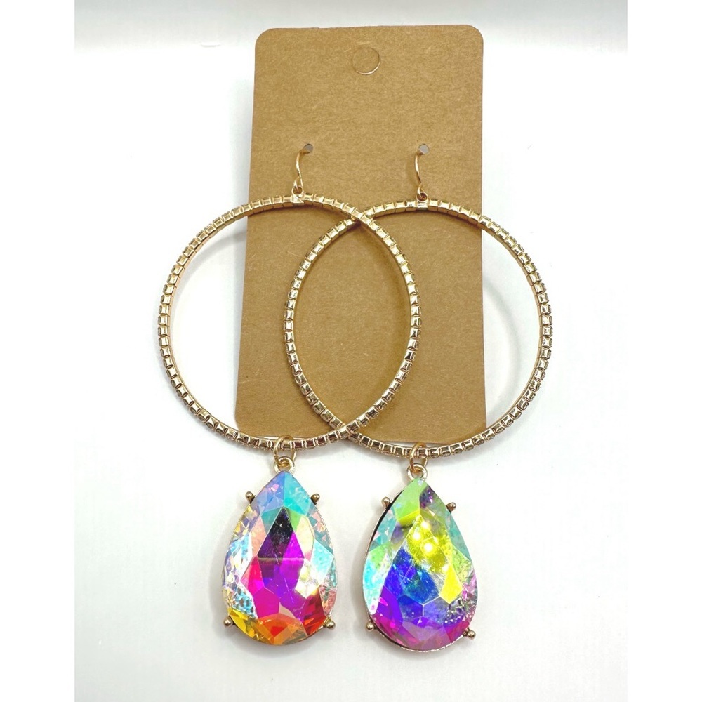 Teardrop Hoop Earrings with an AB Crystal Teardrop Shape Stone